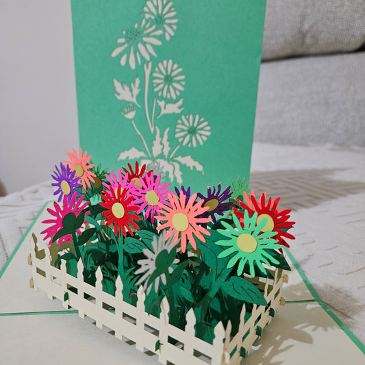 Beautiful 3D Pop Up Card Daisy Garden with White  Picket Fence