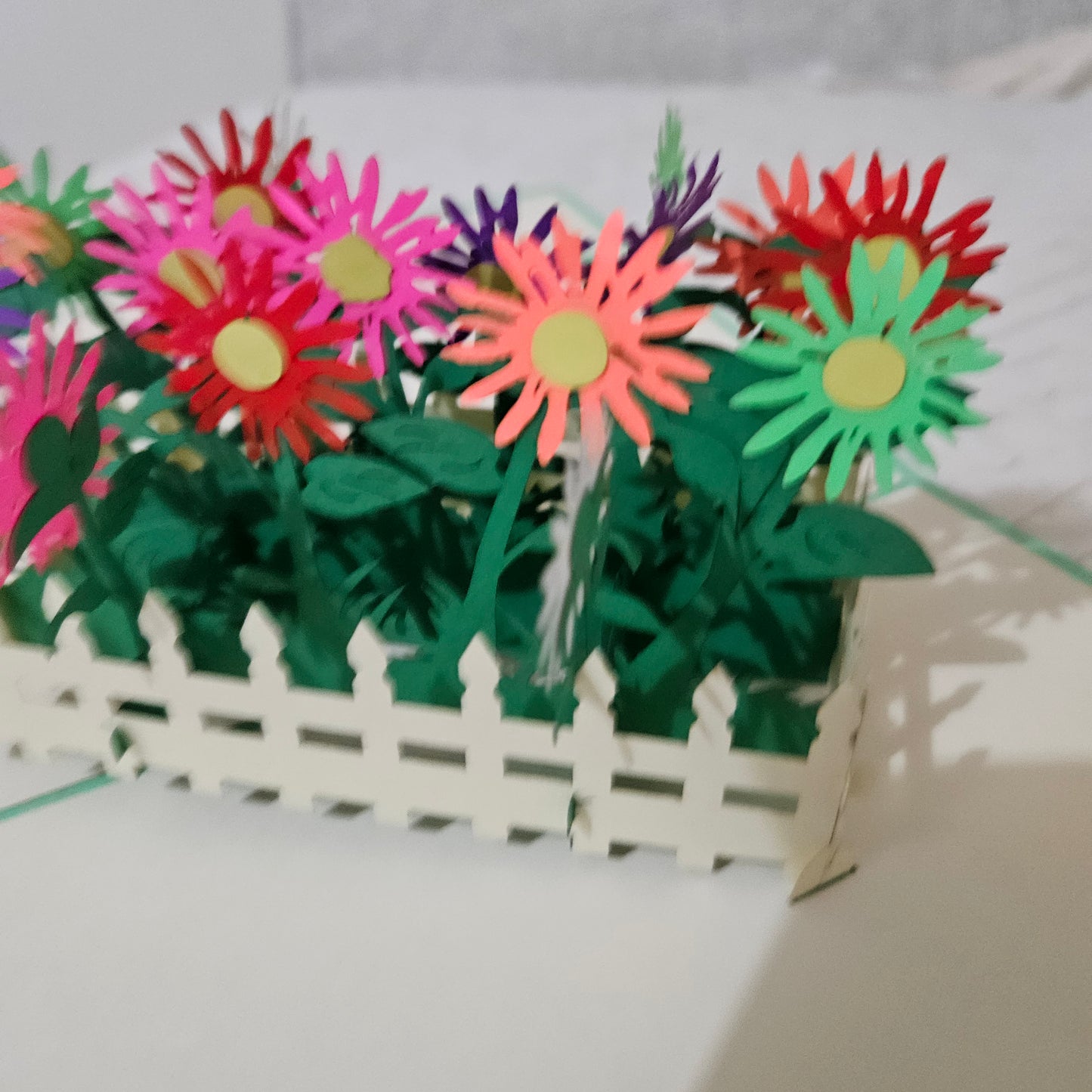 Beautiful 3D Pop Up Card Daisy Garden with White  Picket Fence