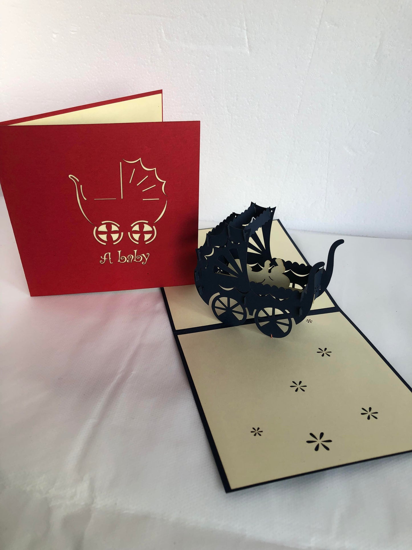 Small Pop Up Card Baby Sleeping in Blue Cot