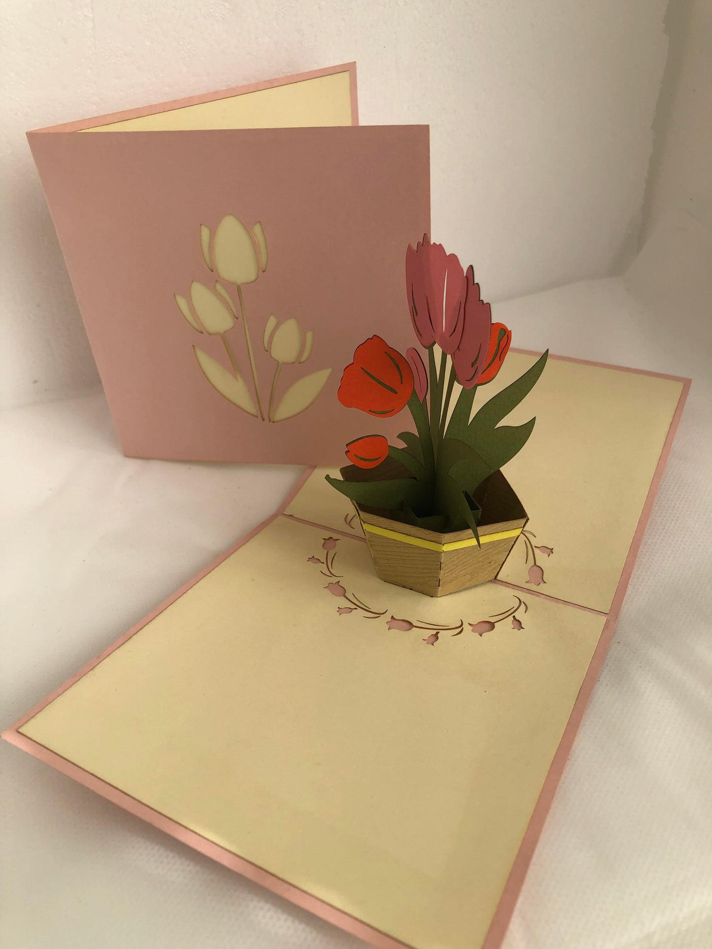 Small Flower Pop Up Card Basket of Tulips